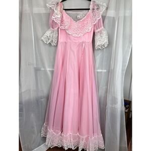vintage 1970's Dance Allure pink prairie dress victorian lace trim union made